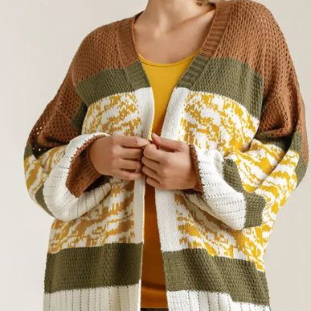 Colorblock open front cardigan brown and olive plus size
